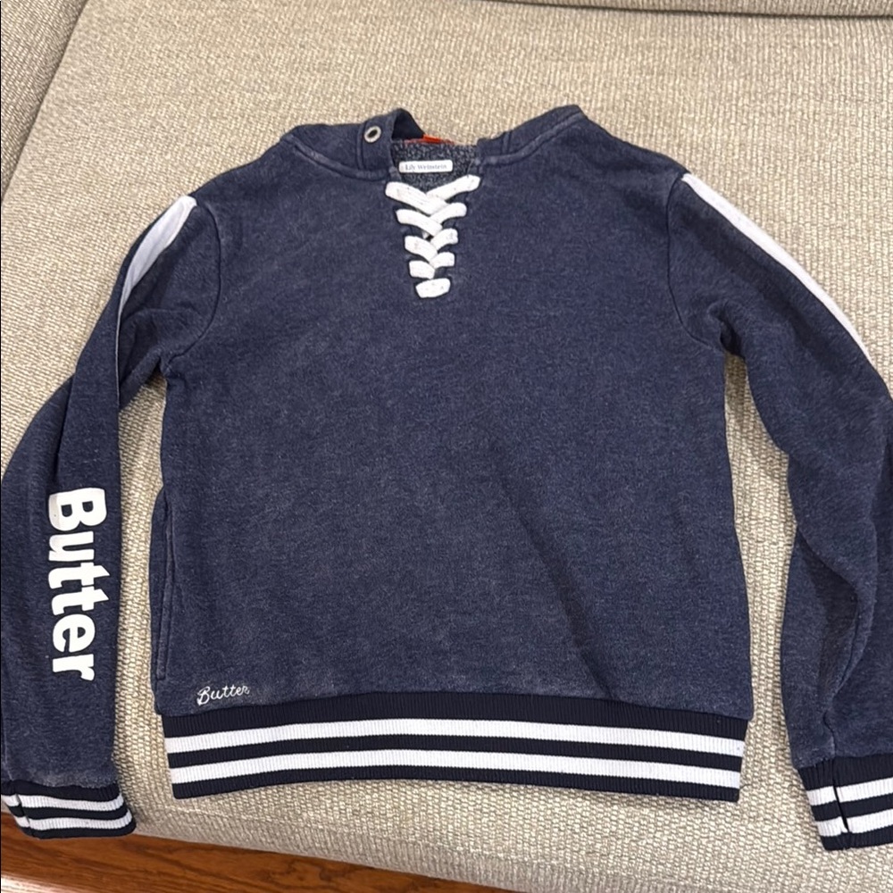 Butter Blue and White Crewneck Sweater with Lace-Up Back